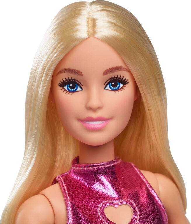 Barbie Fashionistas Doll #230 in Metallic Pink Minidress with Heart CutOut, Blond Hair