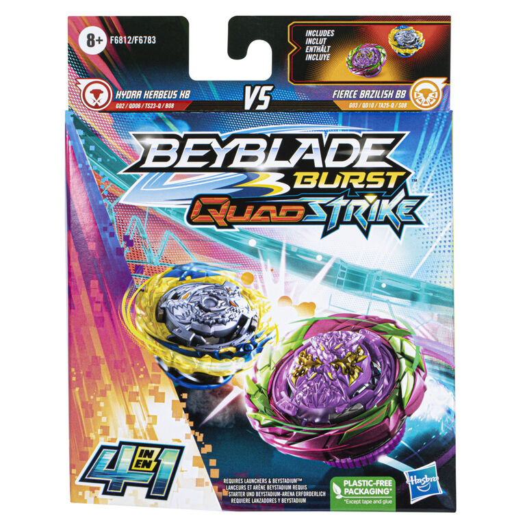 Beyblade Burst QuadStrike Fierce Bazilisk B8 and Hydra Kerbeus K8 Spinning Top Dual Pack, 2 Battling Game Top Toy