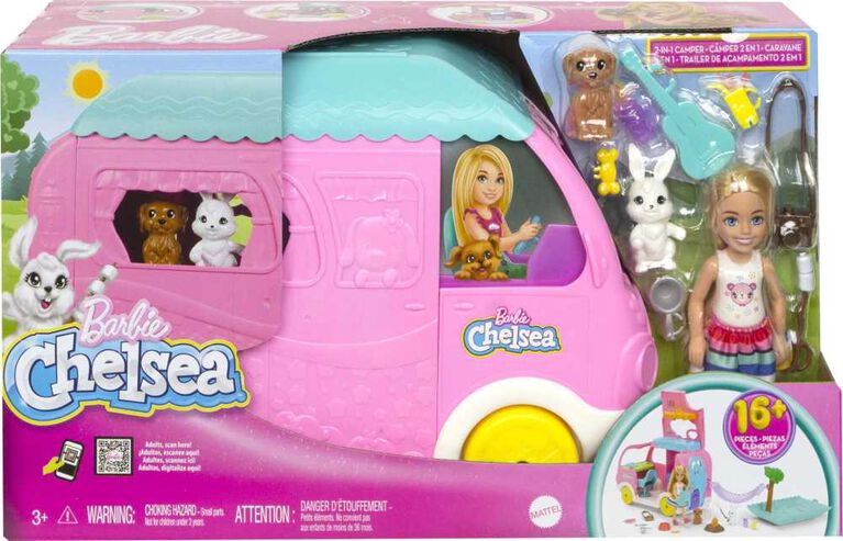 Barbie Chelsea 2-in-1 Camper Playset with Chelsea Small Doll, 2 Pets and 15 Accessories
