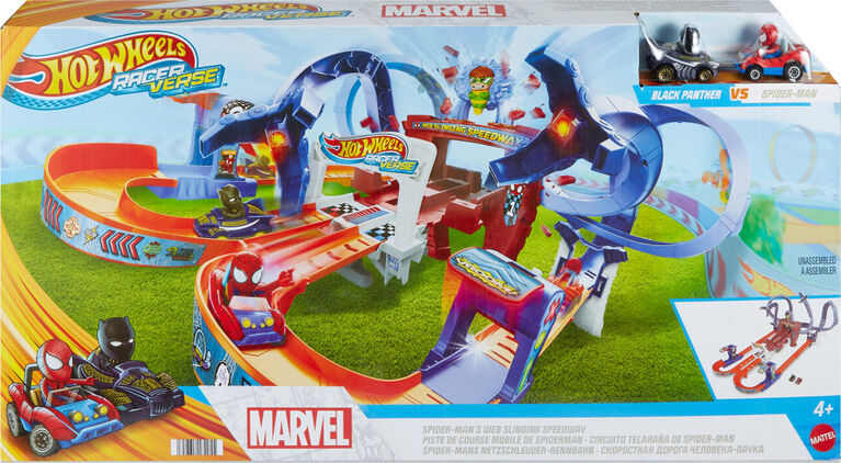 Hot Wheels RacerVerse Spider-Man's Web-Slinging Speedway Track Set with 2 Hot Wheels Racers