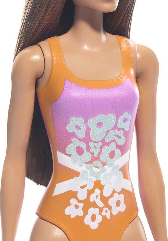 Beach Barbie Doll with Light Brown Hair Wearing Tropical Pink and Orange Swimsuit