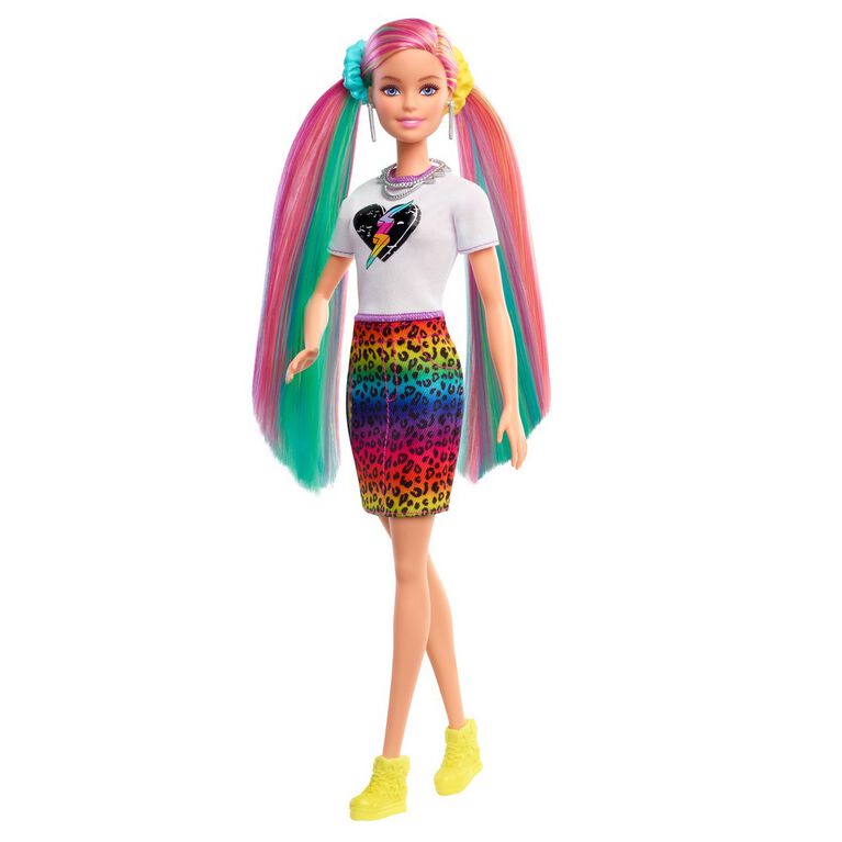 Barbie Leopard Rainbow Hair Doll (Blonde) with Color-change Hair Feature, 16 Accessories