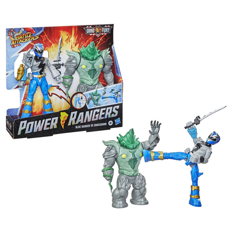 Power Rangers Dino Fury Battle Attackers, Blue Ranger et Shockhorn, 2 figurines avec de coup de pied et accessoire