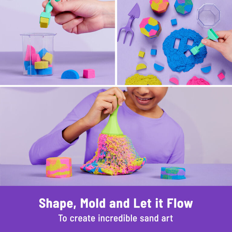 Kinetic Sand, Squish N' Create avec 382 g de sable à modeler bleu, jaune et rose, 5 outils