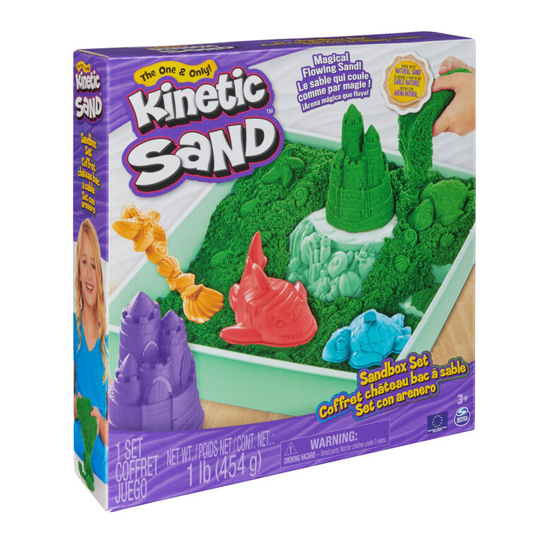 Kinetic Sand Sandbox Set, 1lb Green Play Sand, Sandbox Storage, 4 Molds and Tools, Sensory Toys