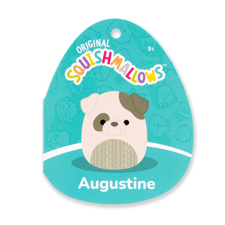 Peluche Squishmallows 12" - Augustine le bouledogue crème et vert avec ventre en tricot torsadé gaufré vert