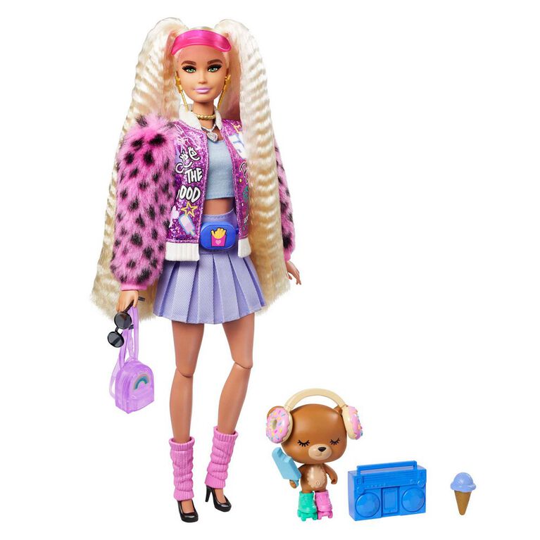 Barbie Extra Doll #8 in Varsity Jacket with Furry Arms and Pet Teddy Bear