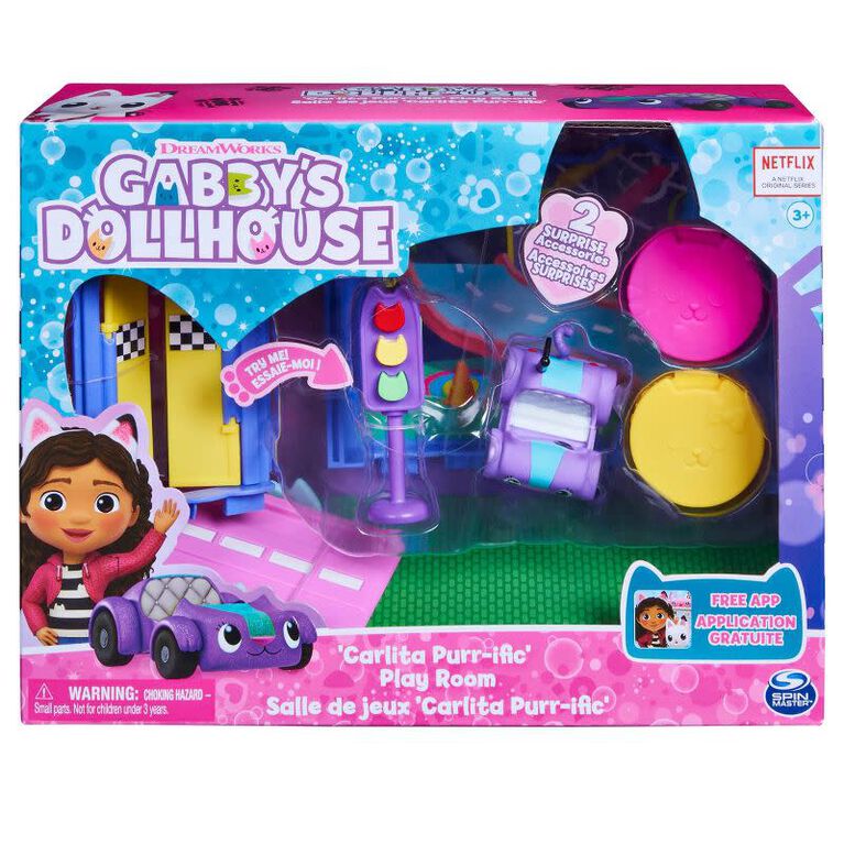 Gabby's Dollhouse, Salle de jeux Carlita Purr-ific avec figurine Chabriolette, accessoires, meubles et boîtes surprises