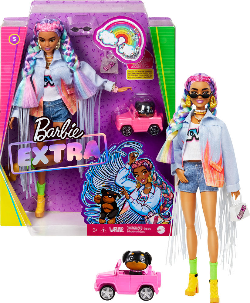 Barbie Extra Doll in Long Fringe Denim Jacket with Pet Puppy