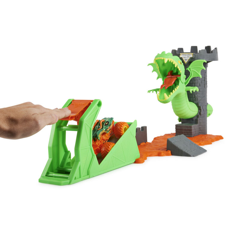 Monster Jam, Dueling Dragon Playset avec monster truck Dragon exclusif à l'échelle 1:64