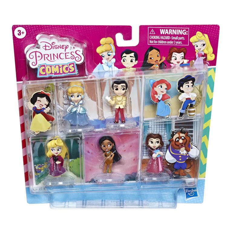 Poupées Disney Princess Comics, Figurines pailletées avec Cendrillon, Prince Charmant, Belle, Aurore et Pocahontas - Notre exclusivité