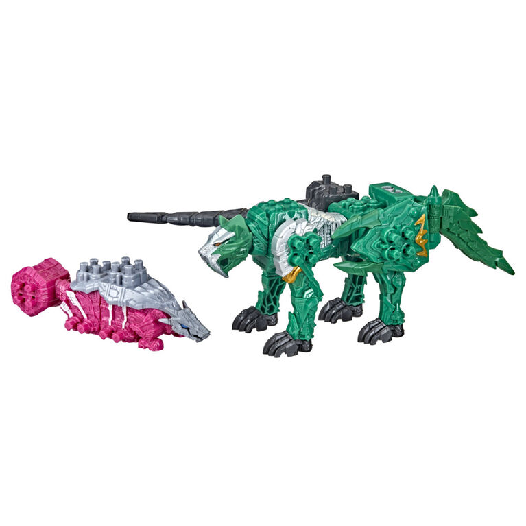 Power Rangers Dino Fury Pink Ankylo Hammer and Green Tiger Claw Zord, Zord Link Mix-and-Match Custom Build System