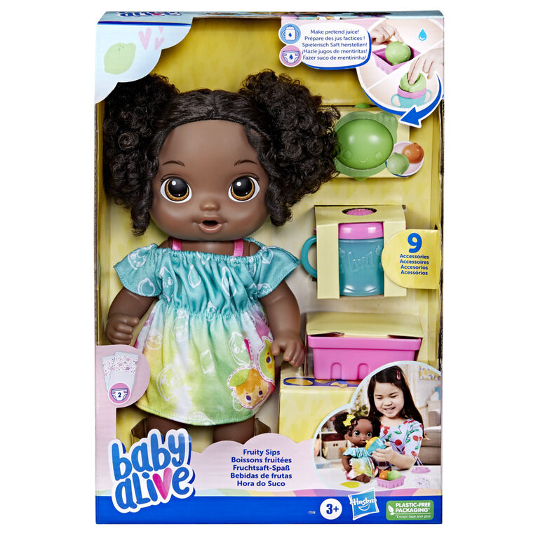 Baby Alive Fruity Sips Doll, Lime, 12-inch Baby Doll Set, Drinks and Wets, Pretend Juicer, Black Hair