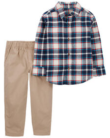 Carter's Two Piece Plaid Button Front Shirt and Pant Set Blue  12M