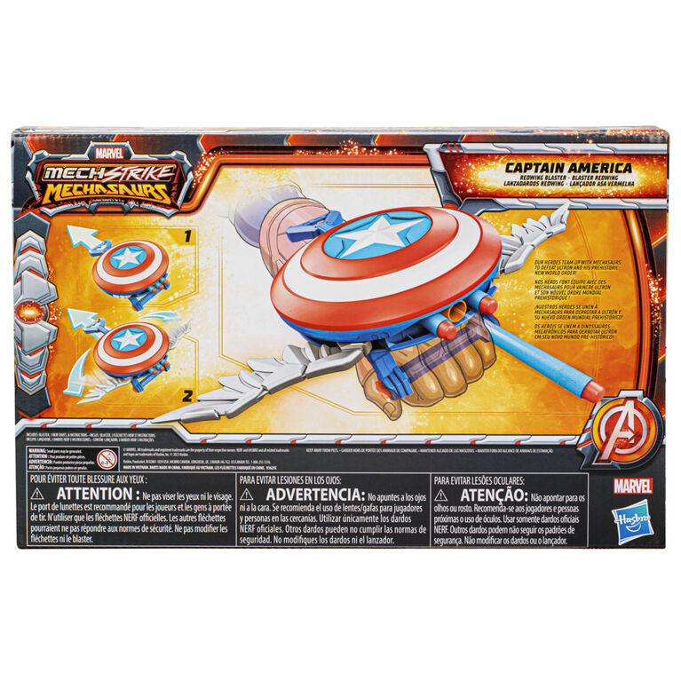 Marvel Mech Strike Mechasaurs Captain America Redwing Blaster, NERF Blaster with 3 Darts, Role Play Super Hero Toys