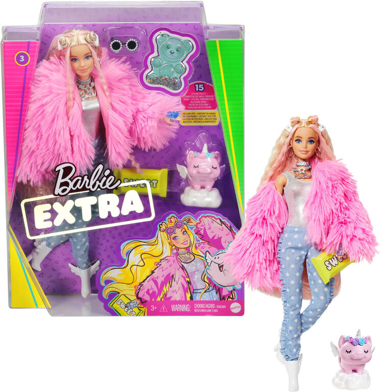 Barbie Extra Doll in Pink Coat with Pet Unicorn-Pig