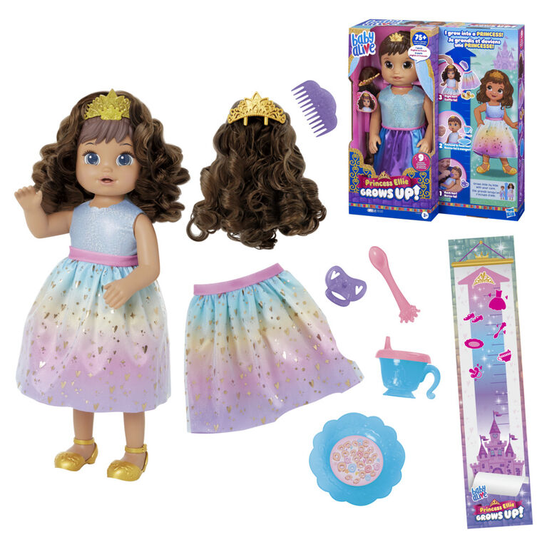 Poupée de princesse Ellie Baby Alive Grows Up! Poupée bébé qui grandit et  parle, cheveux noirs, 18 po, 7 ans et plus