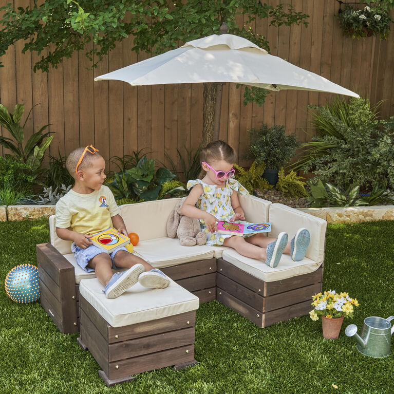 KidKraft - Wooden Outdoor Sectional Ottoman and Umbrella Set with Cushions, Kids' Patio Furniture, Bear Brown and Beige