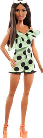 Barbie Fashionistas Doll #200 with Long Straight Brown Hair, Polka Dot Romper and Accessories