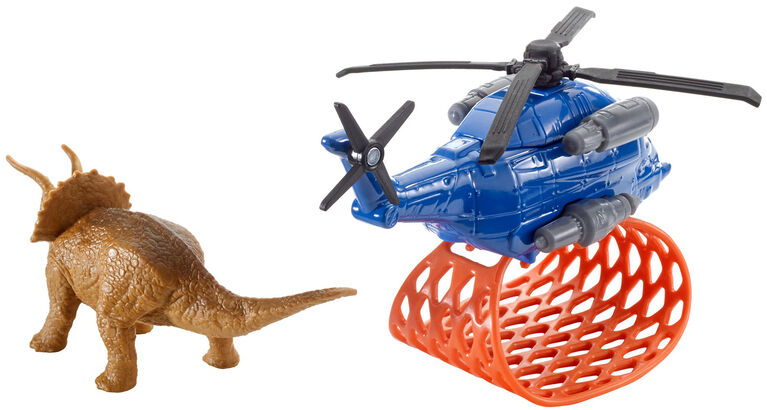 Matchbox - Jurassic World - Transporteurs de dinosaures - Véhicule et figurine - Tricera-coptère.