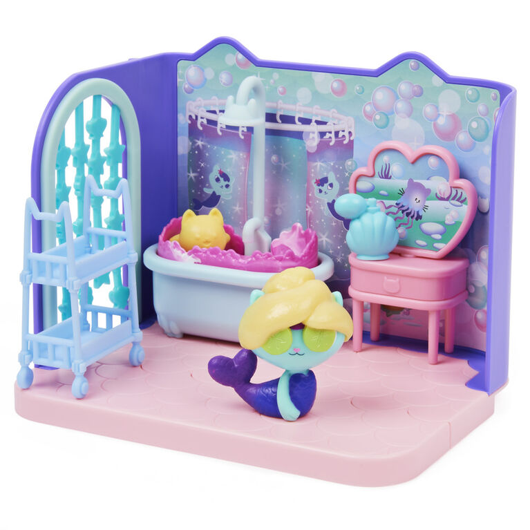 DreamWorks Gabby's Dollhouse, Primp and Pamper Bathroom with MerCat Figure, 3 Accessories, 3 Furniture and 2 Deliveries