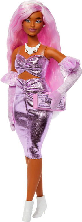 Barbie Deluxe Style Doll #1 in Glossy Pink Barbiecore Dress with Velvet Gloves, Pink Hair