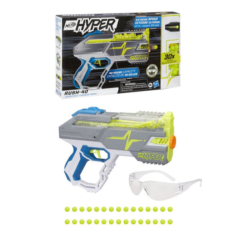 Nerf Hyper Rush-40 Pump-Action Blaster -- Includes 30 Nerf Hyper Rounds, Up To 110 FPS Velocity, Easy Reload, Holds Up to 40 Rounds