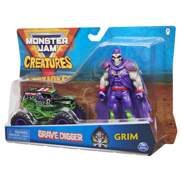 Monster Jam, Official Grave Digger 1:64 Scale Monster Truck and 5-inch Grim Creatures Action Figure (Metallic Purple)