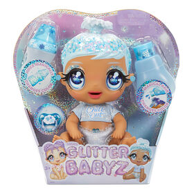 GLITTER BABYZ January Snowflake Baby Doll with 3 magical color changes/ blue hair doll with winter snowflakes on the outfit and reusable diaper, bottle and pacifier