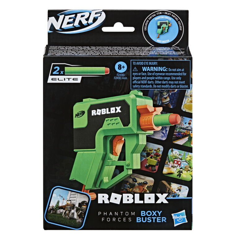 Nerf Roblox Phantom Forces : Boxy Buster, blaster à fléchettes, poignée d'amorçage, 2 fléchettes Nerf Elite, code pour article virtuel