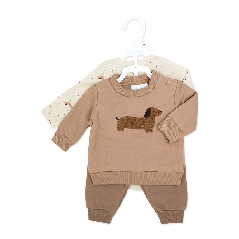 Baby Mode 3 Piece Fleece Jogger Set:Brown Dog
