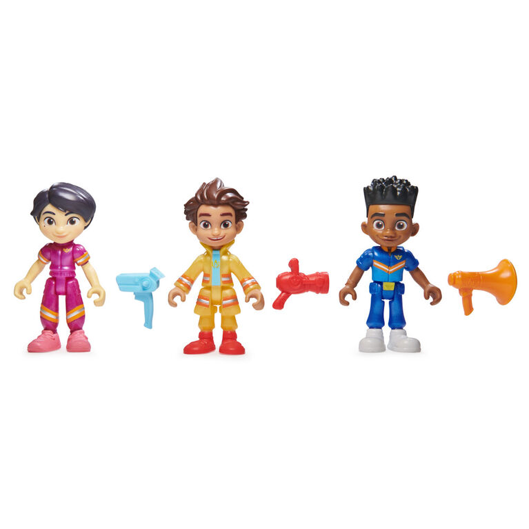 Disney Junior Firebuds, Coffret cadeau figurines articulées, avec 3 jouets à collectionner pour enfants : Bo, Jayden et Violette, et accessoires