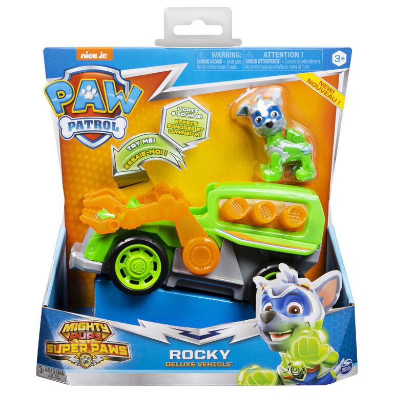 PAW Patrol, Mighty Pups Super PAWs Rocky's Deluxe Vehicle with Lights and Sounds