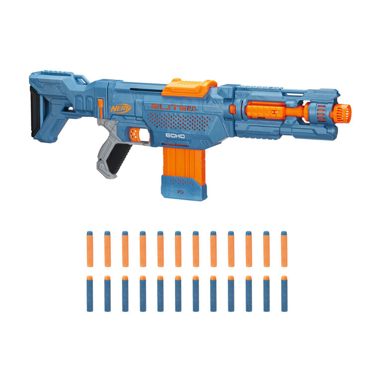 Nerf Elite 2.0, blaster Echo CS-10, 24 fléchettes Nerf, chargeur 10 fléchettes, crosse amovible et rallonge de canon, 4 rails tactiques