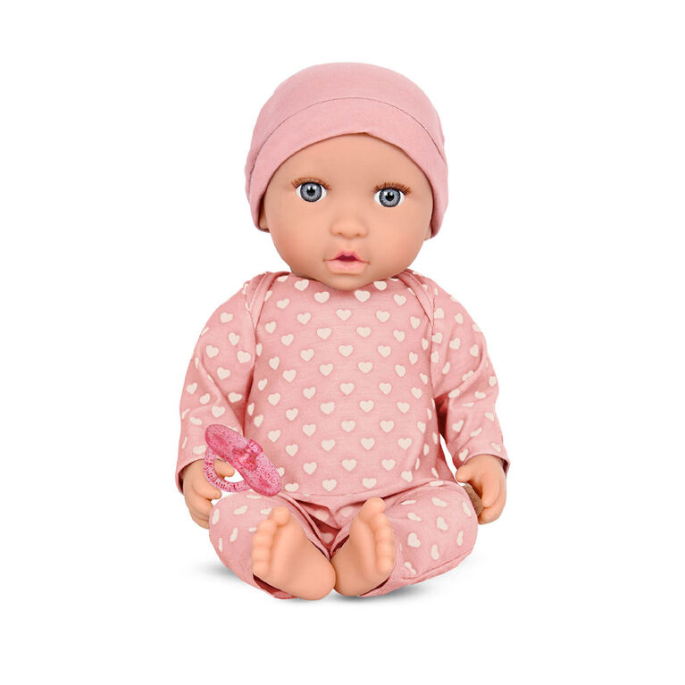 LullaBaby Poupée bébé - Yeux bleu-gris et chapeau rose Poupée bébé 36 cm avec pyjama rose aux motifs de coeur