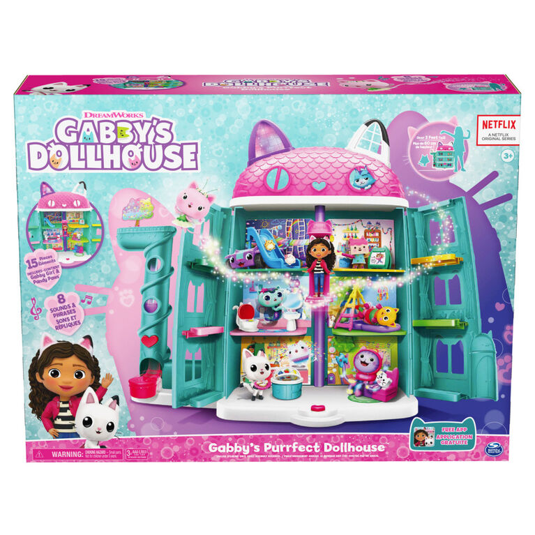Gabby et la maison magique – Maison de poupées Purrfect Dollhouse avec 2 figurines, 8 meubles, 3 accessoires, 2 boîtes surprises et sons