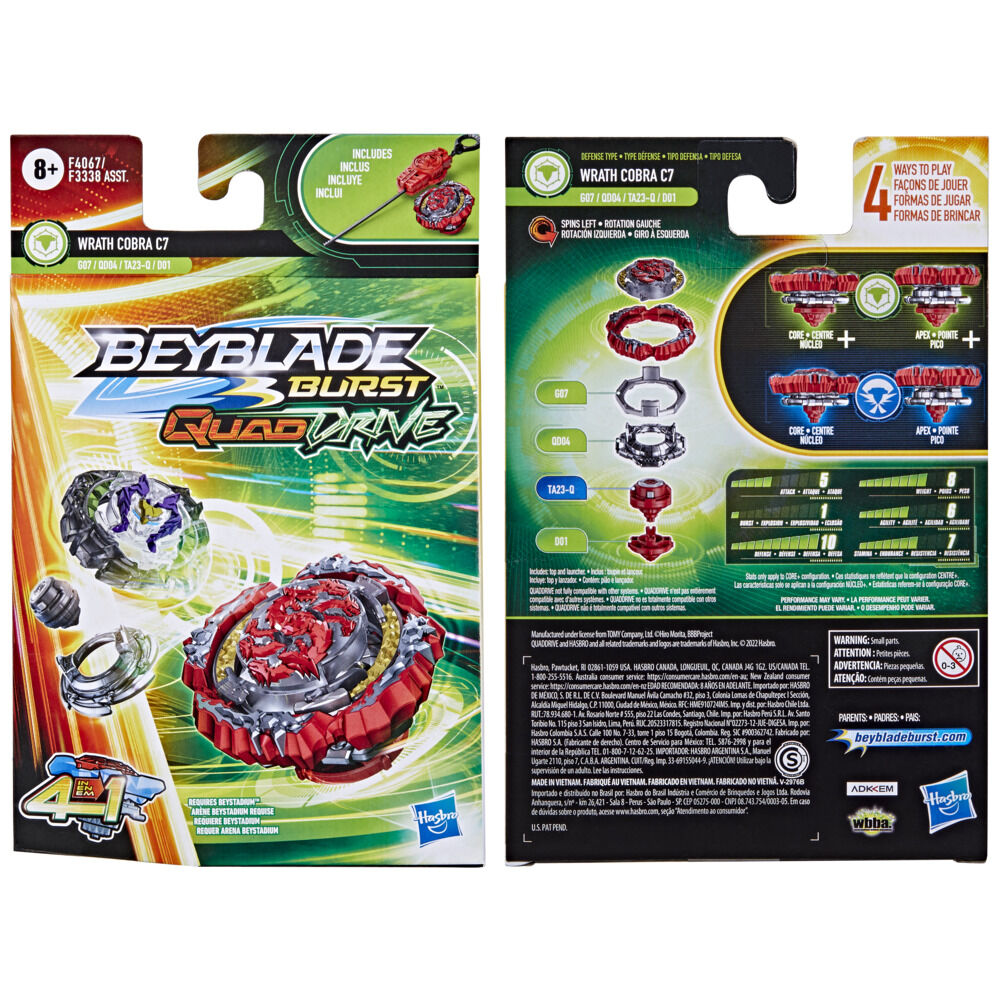 BEYBLADE Burst QuadDrive Wrath Cobra C7 Spinning Top Starter Pack Toy for Kids Defense/Attack Type Battling Game with Launcher 