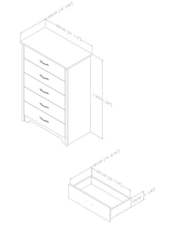 Fusion Commode 5 tiroirs- Blanc solide