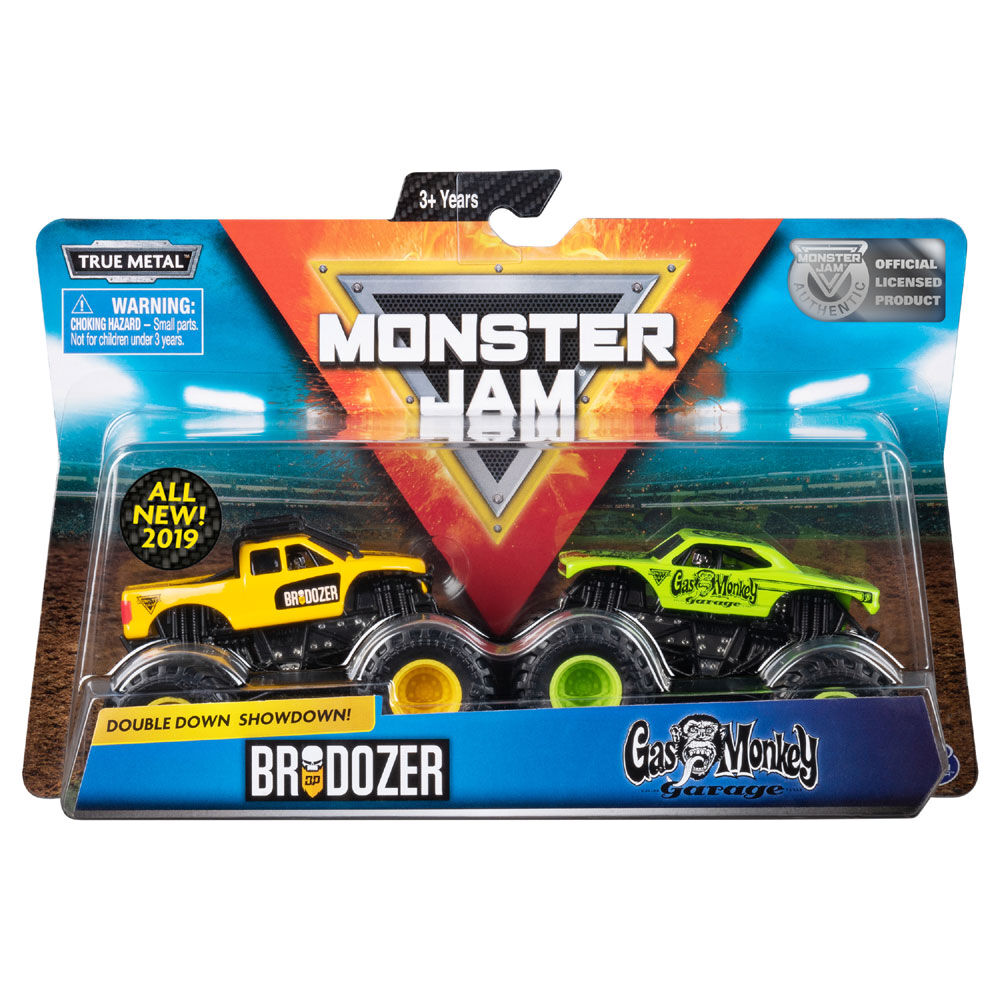 Monster Jam Official Brodozer vs. Gas Monkey Die Cast Monster Trucks 1 64 Scale 2 Pack Toys R Us Canada