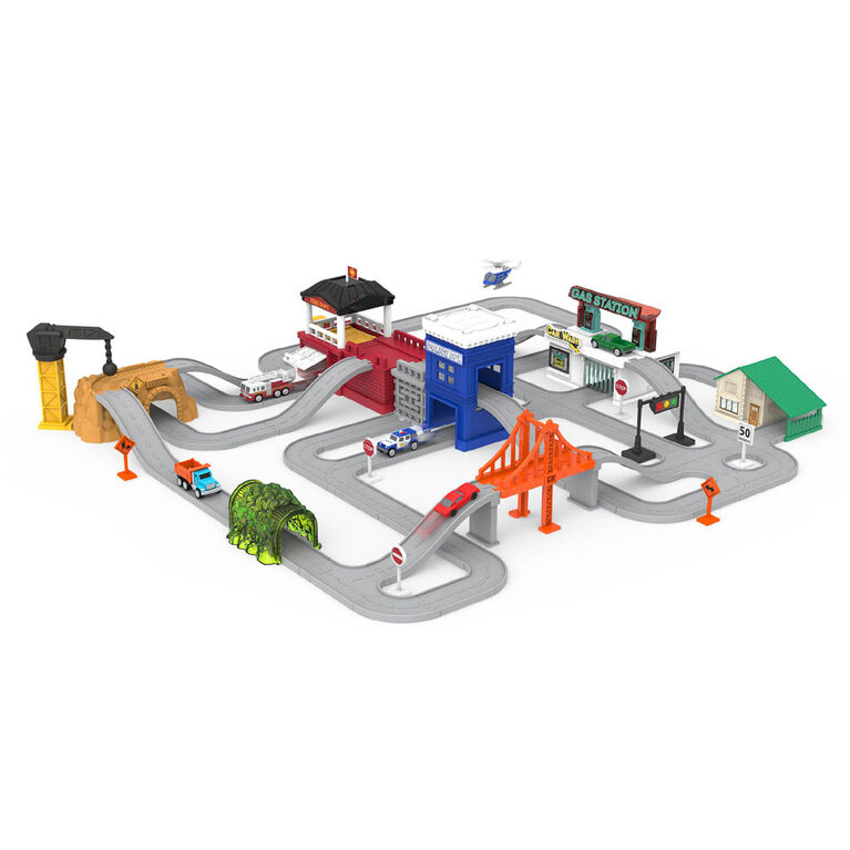 Driven, Pocket Build-A-City (140pc), City Playset with Tracks and Toy Vehicles