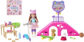 Barbie Chelsea Doll and Accessories, Skatepark Playset with 2 Puppies and 15+ Pieces