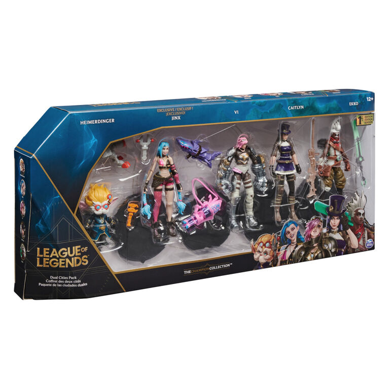 League of Legends, Coffret des Deux Cités avec figurine Jinx exclusive, Heimerdinger, Vi, Caitlyn et Ekko, Figurines à collectionner 10,2 cm, accessoires