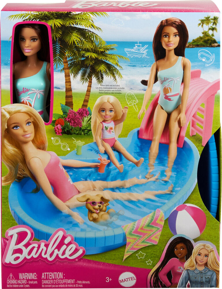Barbie Coffret et poupee brunette piscine serviette boissons