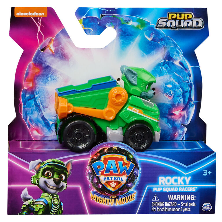 PAW Patrol: The Mighty Movie, Pup Squad Racers Collectible Rocky, Mighty Pups Toy Cars