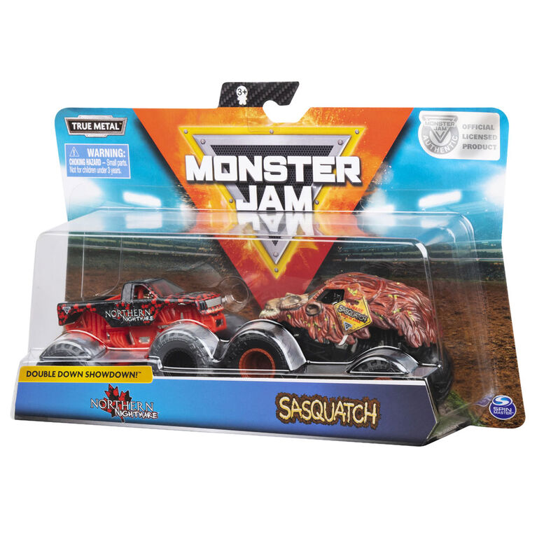 Monster Jam, Coffret de 2 véhicules authentiques Northern Nightmare vs Sasquatch, Monster trucks en métal moulé à l'échelle 1:64
