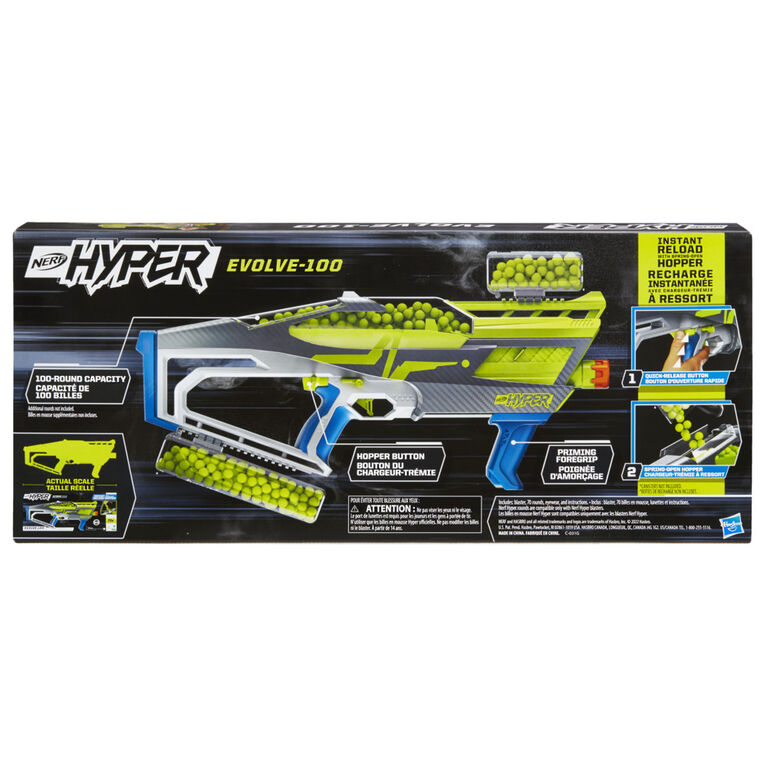 Nerf Hyper, blaster Evolve-100, 70 billes en mousse Nerf Hyper, chargeur-trémie à chargement instantané, jusqu'à 33,5 m/s, lunettes incluses