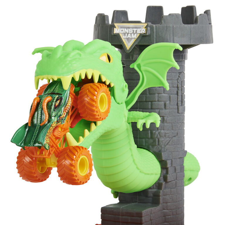 Monster Jam, Dueling Dragon Playset avec monster truck Dragon exclusif à l'échelle 1:64