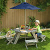 KidKraft - Wooden Octagon Table, Stools and Umbrella Set, Kids' Outdoor Furniture, Barnwood Gray and Navy