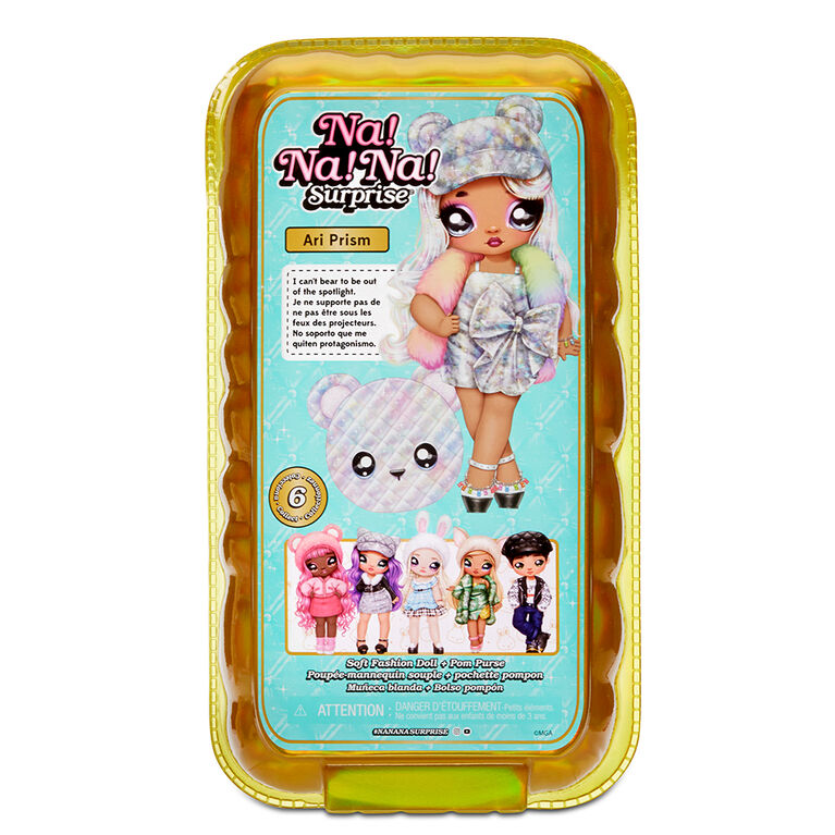 Na Na Na Surprise 2-in-1 Fashion Doll and Metallic Purse Glam Series - Ari Prism, Doll in Prismatic Sliver Dress and Hat with Bear Purse
