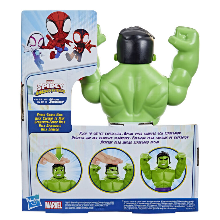 Marvel Spidey and His Amazing Friends Power Smash Hulk, Face-Changing 10-inch Hulk Figure with Brick Wall Accessory